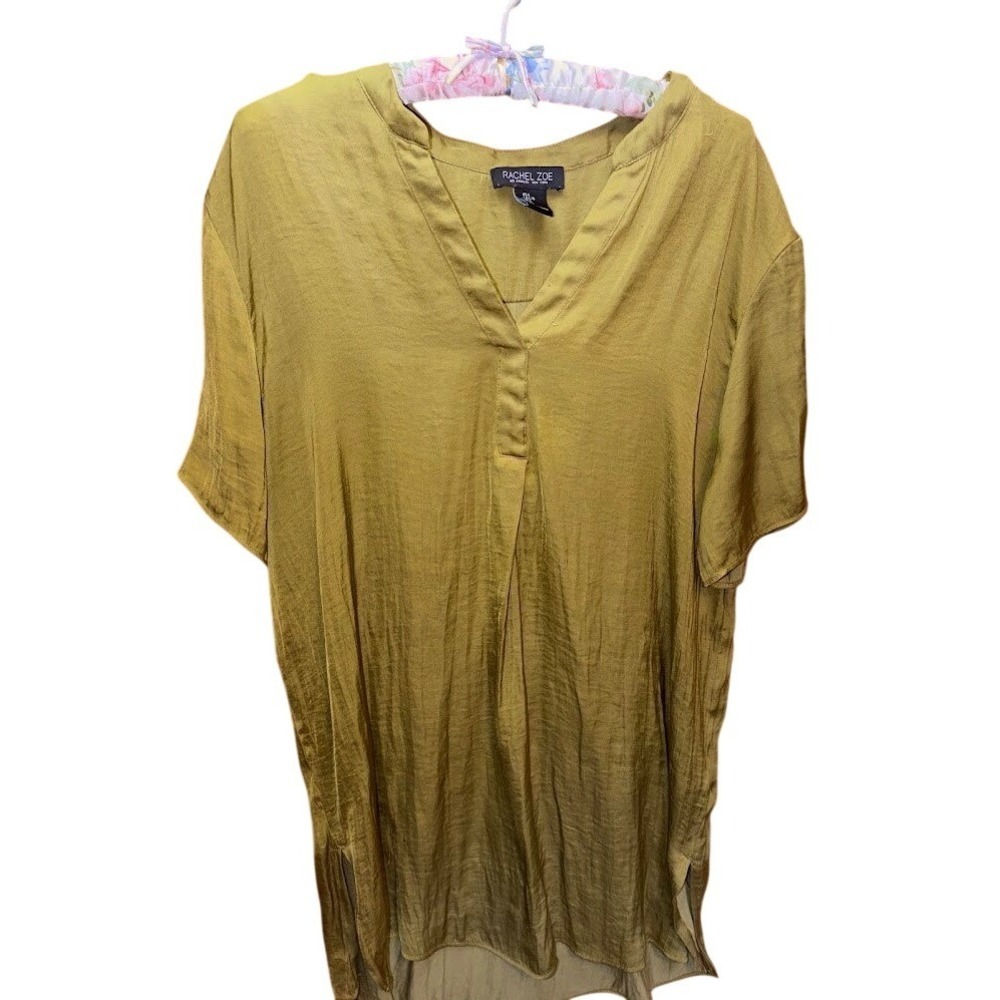 Rachel Zoe Chartreuse Olive Green V-Neck Tunic Blouse Short Sleeve Large